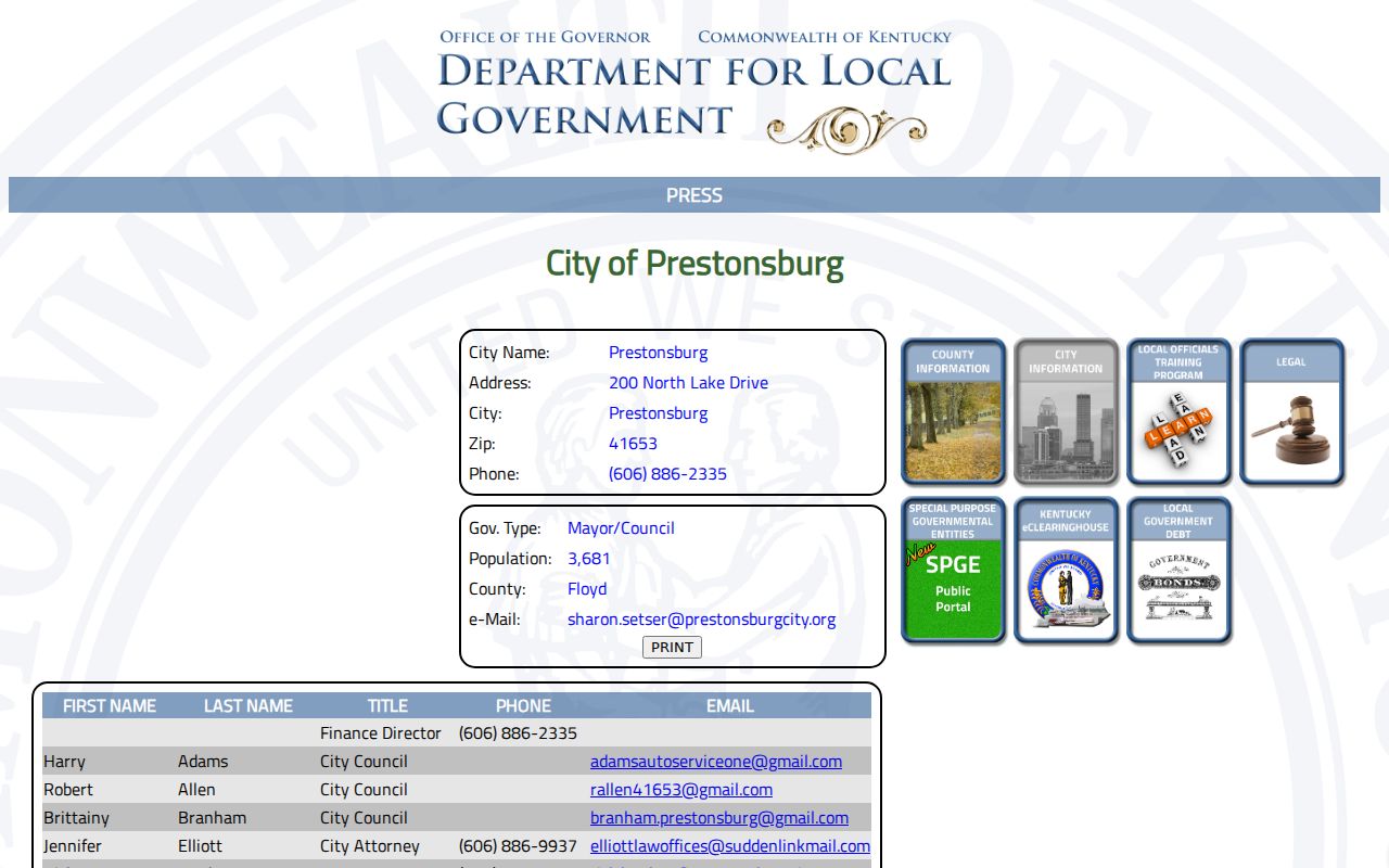 Prestonsburg record check official city profile